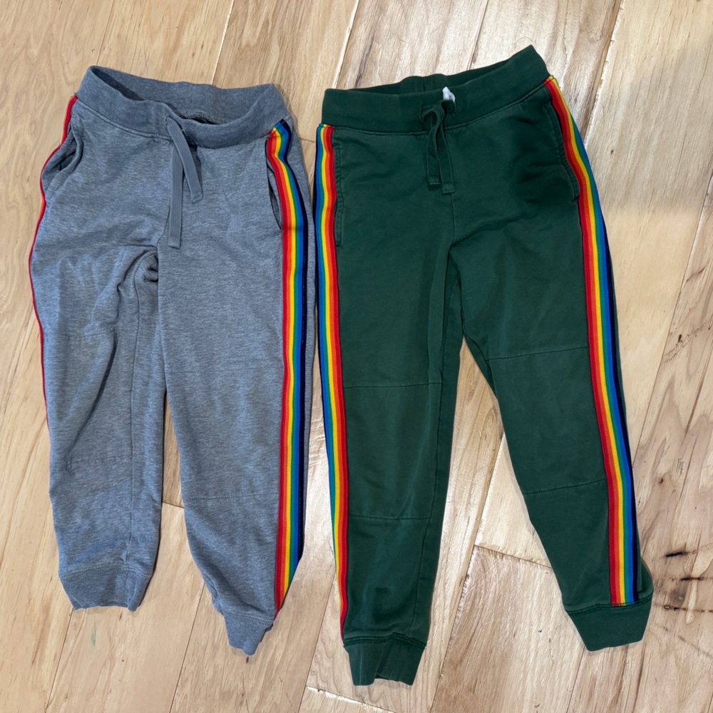 Primary Kids Bottoms in Gray and Green with Rainbow Stripes